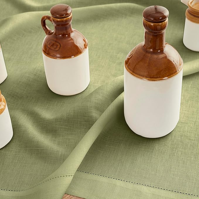 Solino Home Linen Moss Green Table Runner 156 Inches Long - 100% Pure Linen Extra Long Table Runner 14 x 156 Inch for Spring, St Patricks Day, Easter - Classic Hemstitch