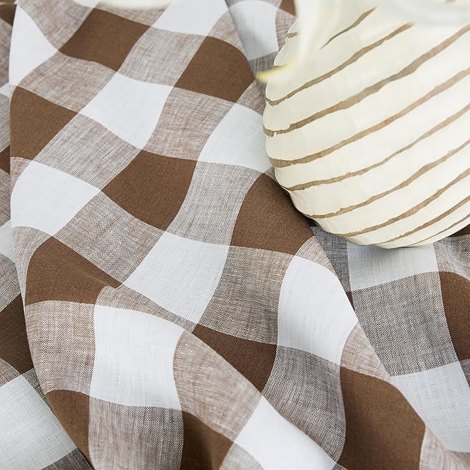 Solino Home Linen Table Runner 156 Inches Long - 100% Pure Linen Coco Brown and White Buffalo Check Extra Long Table Runner 14 x 156 Inch Ideal for Dining