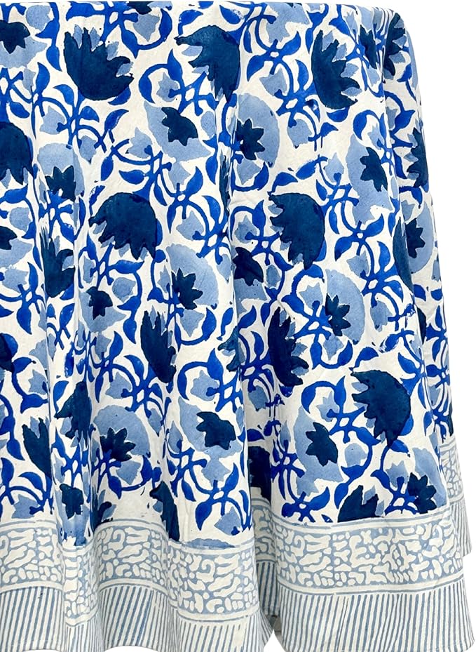ATOSII Positano Blue 100% Cotton Round Boho Spring Summer Tablecloth, Handblock Floral Table Cloth Linen for Kitchen Dining I Parties Weddings Outdoors Grand Millennial I 72" Inches Round I 4 Seater