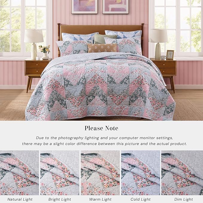 Quilt Set Twin Size, Patchwork Pink Floral Quilt Sets, Reversible Bedspread Lightweight and Breathable for All Seasons, Soft Quilted Bedspread with 1 Pillow Sham