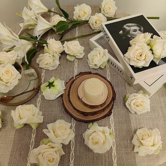 Artificial Satin Rose Flower Heads,48 Pcs Silk Rose Heads with Stems,3.3'' Rose Artificial Flowers Bulk,Artificial Rose Flower Heads for DIY Crafts Bouquet (48, Ivory)