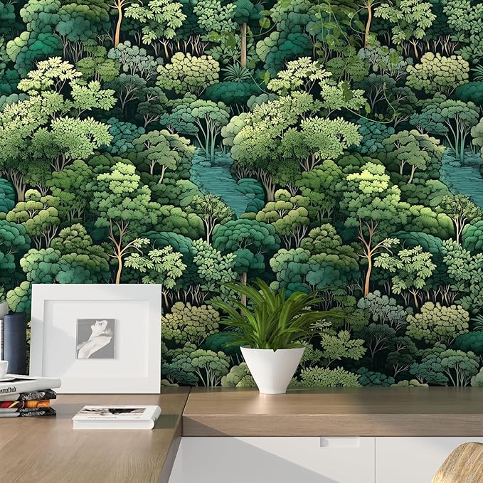 Green Wallpaper Peel and Stick, Forest Trees Contact Paper 17.5" x 393.7", Woodland Mountain Vintage Botanical Wall Paper Self Adhesive Waterproof Removable for Room Shelves Cabinet Drawer Table Decor