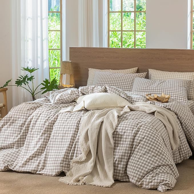 MooMee Gingham Duvet Cover Set 100% Washed Cotton Linen Like Textured Breathable Durable Soft Comfy Modern Checkered Design (Tannish Linen Grey Gingham, Cal King 104"x98")