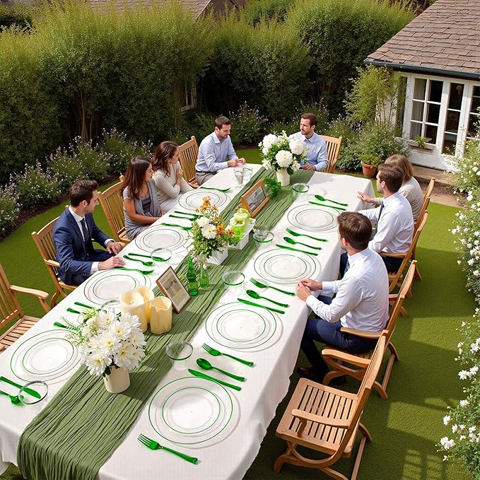 SUT 350 Pcs Green and Clear Plastic Dinnerware Set for 50 Guests, Include: 50 Dinner Plates, 50 Dessert Plates, 50 Pre Rolled Napkins With Silverware, 50 Cups, Disposable Plates for Party, Christmas