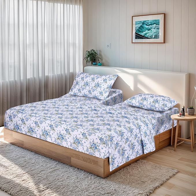 RUVANTI 100% Cotton Sheets Queen Size Set, 4 Pieces, Soft & Breathable Percale Weave Bedding, Deep Pocket 16", Hotel Standard, Crisp Cool Feeling, Durable, Perfect Floral Bed Sheet, Paislyona