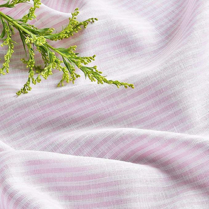 Solino Home Linen Table Runner 132 Inches Long - Narrow Stripe, 100% Pure Linen Pink and White Farmhouse Table Runner 14 x 132 Inch for Dining, Valentines, Spring, Easter
