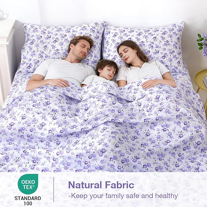 Softan Puple Floral Full Sheet Set, 4-Piece Microfiber Printed Fitted Sheet with 15" Deep Pockets & Non-Slip Straps, White Flower Patterned Double Bedding Sheets & Pillowcase Set