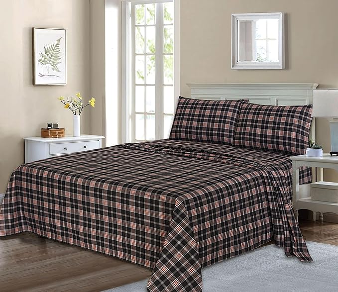 RUVANTI Flannel Sheets Full Size - 100% Cotton Double Brushed Bed Sheets Set, Deep Pockets 16 Inches, All Seasons Breathable & Extra Soft Full Sheets, Warm & Cozy, 4 Piece, Peach & Black Plaid