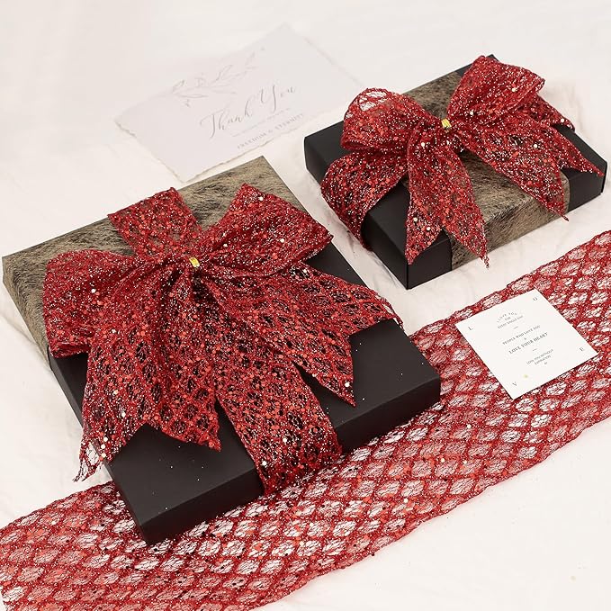 VATIN 6" Red Fall Ribbon, Red Glitter Mesh Diamond Web Sequin Dots Wired Christmas Ribbon for Gift Wrapping Bow Making Wreath Supply-10 Yards