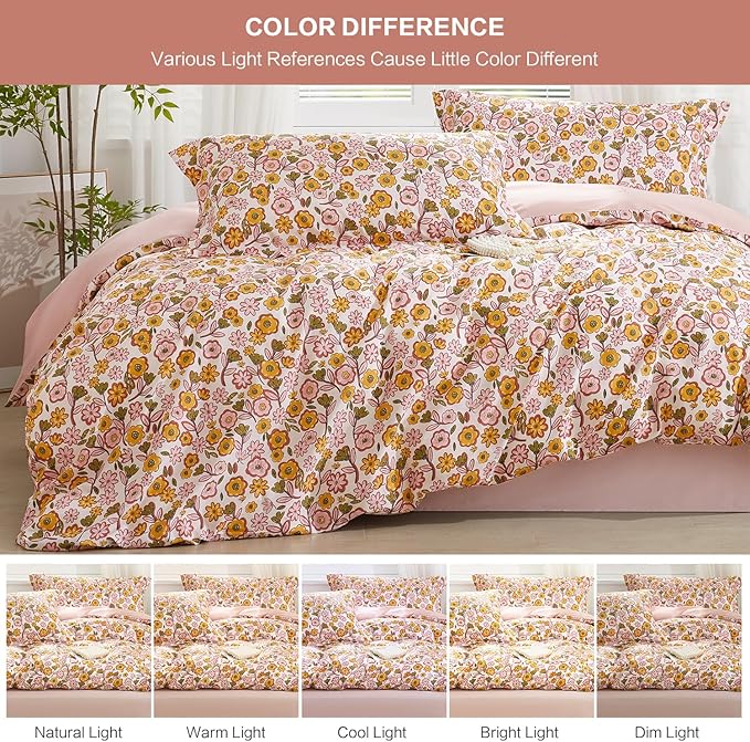 SAPHREAS Pink Floral Duvet Cover Set Queen Size Garden Style Yellow Flowers Bedding Comforter Cover Set 100% Cotton 1 Duvet Cover 90"x90" 2 Pillow Shams, Comforter Not Included