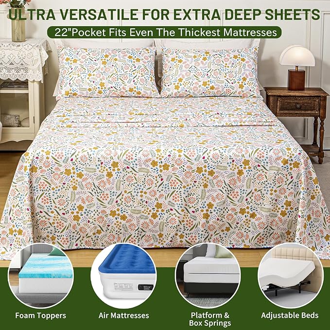 Bedlifes Extra Deep Pocket 18-24" King 4-Piece Sheet Set - Cooling Sheets Blend Rayon Derived from Bamboo Soft & Breathable,Featuring Floral