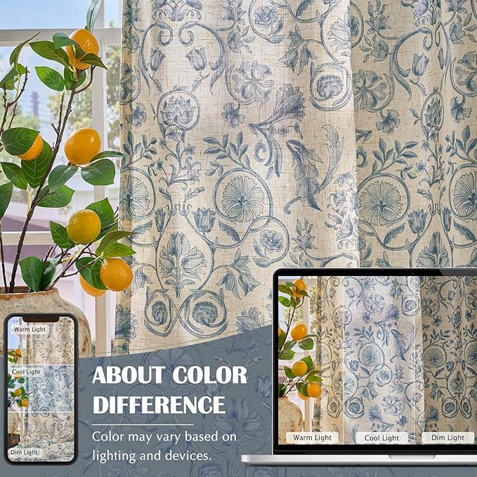 jinchan Linen Floral Curtains for Living Room with Printed Flower 63 Inches Long Light Filtering Farmhouse Window Treatment Vintage Short Drapes Back Tab Rod Pocket 2 Panels Blue on Beige