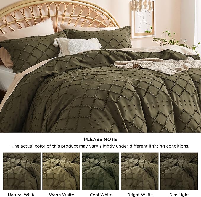Bedsure Boho Duvet Cover Queen Size - Olive Green Breathable & Soft Boho Bedding, Machine Washable Comforter Cover for All Seasons, Includes 1 Duvet Cover 90"x90" with 2 Pillow Shams & Zipper Closure