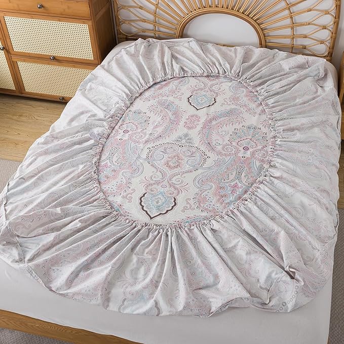 FADFAY 100% Cotton Paisley Damask Twin XL Bed Sheet Set, 4-Piece Soft Breathable Vintage Bedding with Deep Pocket Fitted Sheet, Flat Sheet and Pillowcases, All Season Cotton Sheets