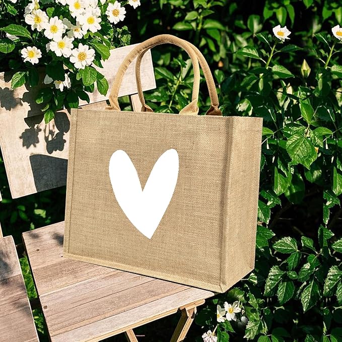 Burlap Tote Bags with Handles Only One White Heart Printed Reusable Jute Gift Bags Waterproof Lining for Valentine's Mother's Day Wedding Bridesmaid Bachelorette Beach Party