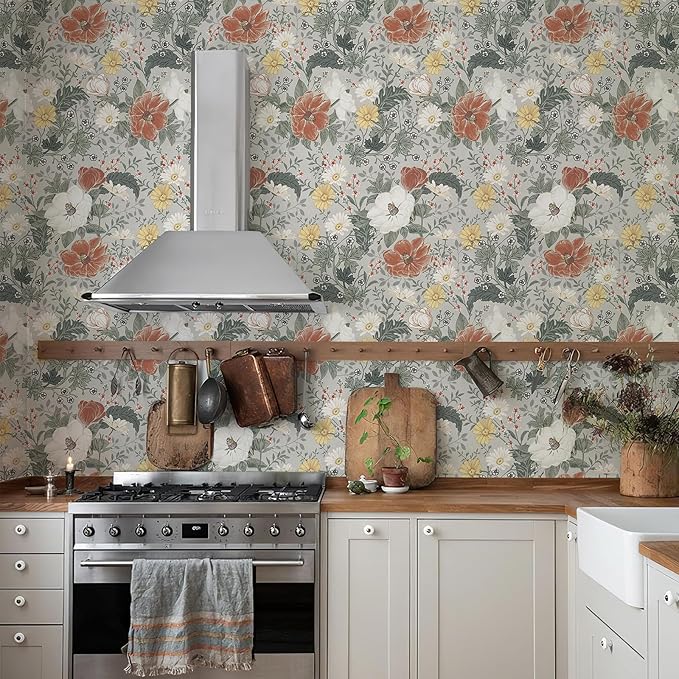 Simon&Siff Vintage Wallpaper Peel and Stick Modern Floral Wall Paper Farmhouse Botanical Contact Paper Removable Renter Friendly Wallpaper for Cabinets Countertop Wall 17.3" x 118"