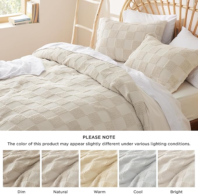 Bedsure Boho Kids Duvet Cover Queen Size(Duvet Insert/Comforter not Included - Checkered Duvet Cover Queenfor All Seasons,Soft Shabby Chic Boho Bedding (Beige, 90" x 90")