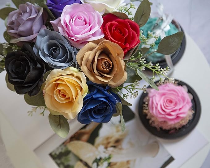 DuHouse 10pcs Fake Roses Artificial Silk Flowers Faux Rose Flower Long Stems Bouquet for Arrangement Wedding Centerpiece Party Home Kitchen Decor (Royal Blue)