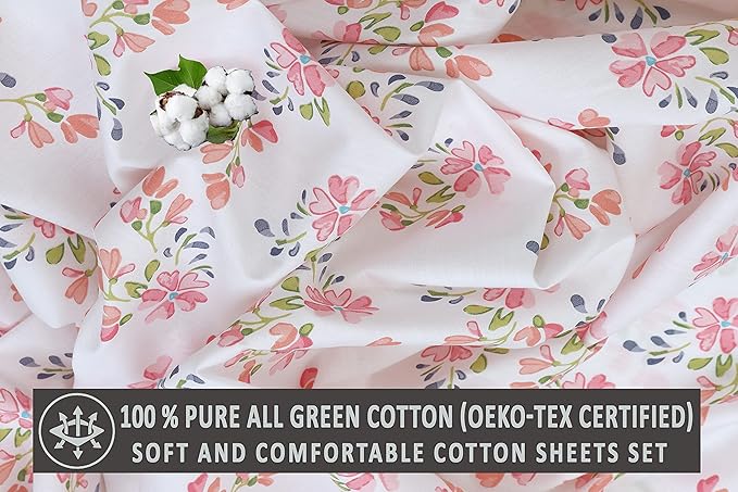 RUVANTI 100% Cotton California King Sheet Sets, 4 Pieces, Soft & Breathable Percale Weave Bedding, Deep Pocket 14", Hotel Standard, Crisp Cool Feel & Durable, Perfect Floral Sheets, Bloomex