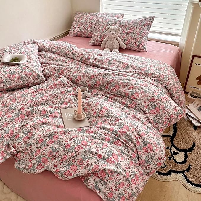 HighBuy Girl Duvet Cover Twin XL Pink Floral Bedding Set - Shabby Chic Boho Cotton Coquette Duvet Cover Set Twin Size - Comforter Cover Set,3 Piece Bed Set(1 Duvet Cover 68"x90" and 2 Pillow Shams)