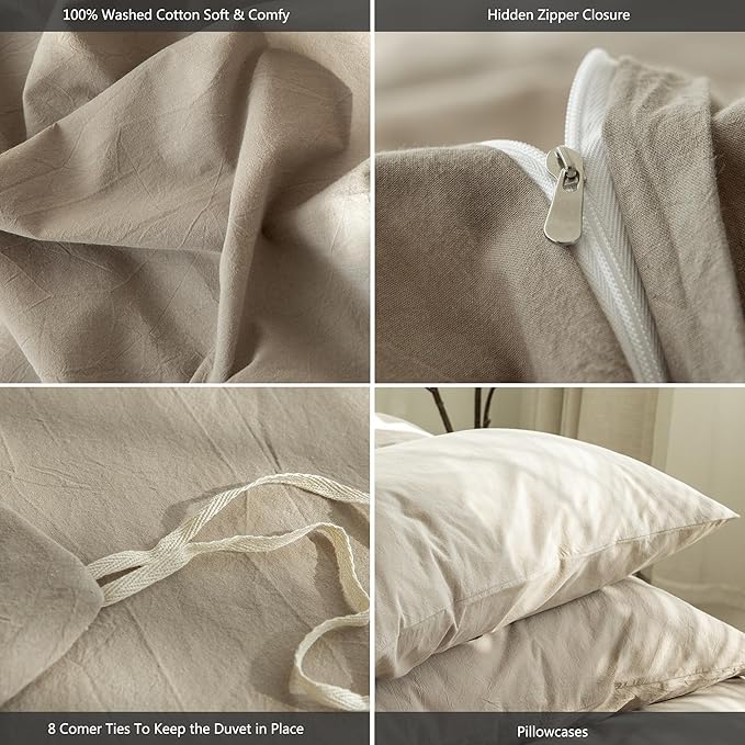 MooMee Bedding Duvet Cover Set 100% Washed Cotton Linen Like Textured Breathable Durable Soft Comfy (Solid Light Camel, Full 80"x90")