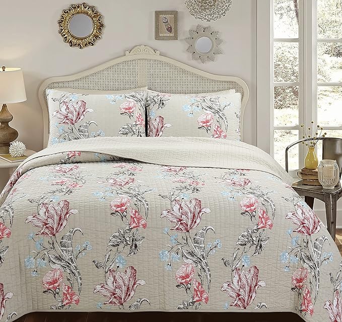 Cozy Line Home Fashions Taupe Khaki Floral Blooming 100% Cotton Reversible Quilt Bedding Set, Coverlet, Bedspread (Taupe Blooming, King - 3 Piece)