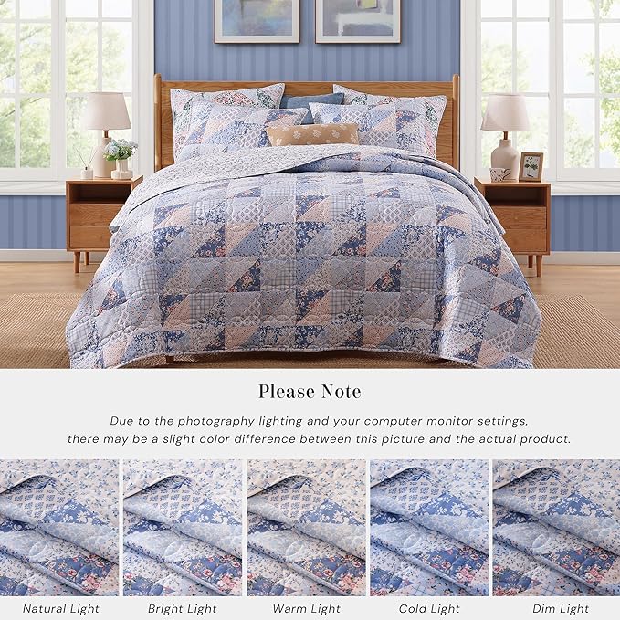 Quilt Set King Size, Patchwork Blue Pink Marigold Floral Quilt Sets, Reversible Bedspread Lightweight and Breathable for All Seasons, Soft Quilted Bedspread with 2 Pillow Shams