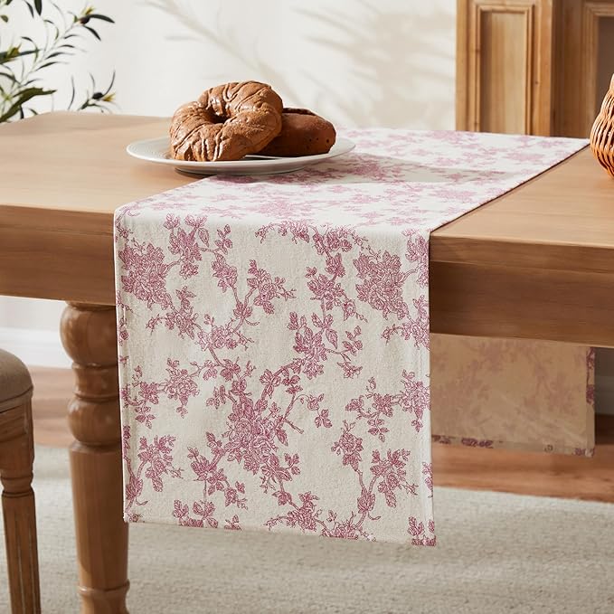 100% Cotton French Pastoral Table Runners, 13x48 Inch Pink Farmhouse Table Runners 48 Inches Long, Vintage Flowers Print Home Decors