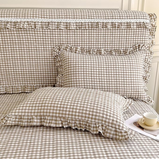 LifeTB Tan Gingham Comforter Set Twin XL Vintage Ruffle Taupe Plaid Checkered Comforter Set 3 Pieces Soft Fluffy Beige Grid Bed Comforter with 2 Pillowcases Farmhouse Gingham Bedding Set