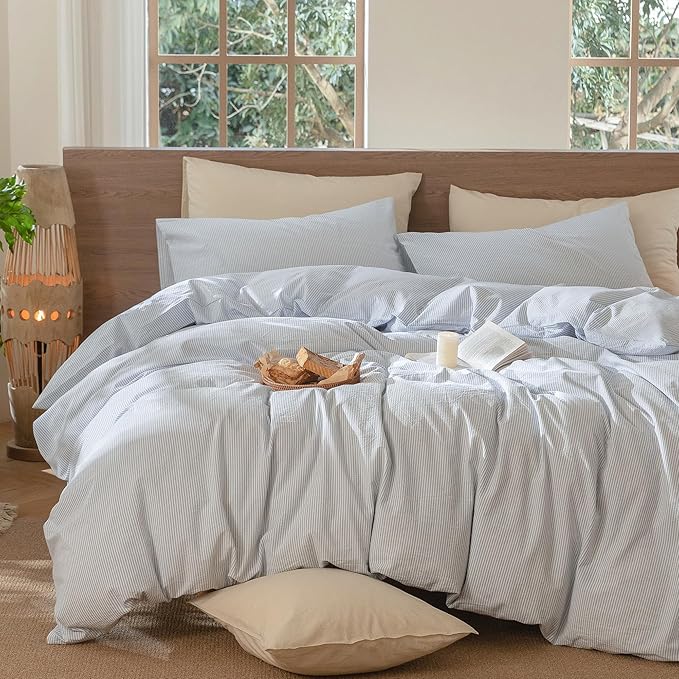 MooMee Striped Duvet Cover Set 100% Washed Cotton Linen Like Textured Breathable Durable Soft Comfy (Cornflower Blue White Pinstripes, Twin 68"x90")