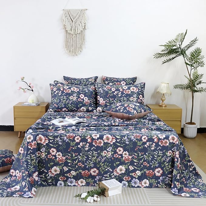 FADFAY Sheets Set Cal King Vintage Dark Blue Floral Bedding Shabby Peony Floral Sheets French Country Bedding 800 Thread Count 100% Egyptian Cotton Deep Pocket Fitted Sheet 4Pcs, California King Size