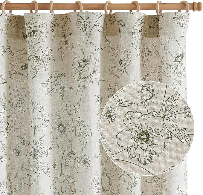 jinchan Floral Linen Curtains for Living Room 96 Inch Length Green Flower Curtain Rod Pocket Back Tab Farmhouse Curtains with Printed Floral Bedroom Window Curtain Set, 2 Panels Green