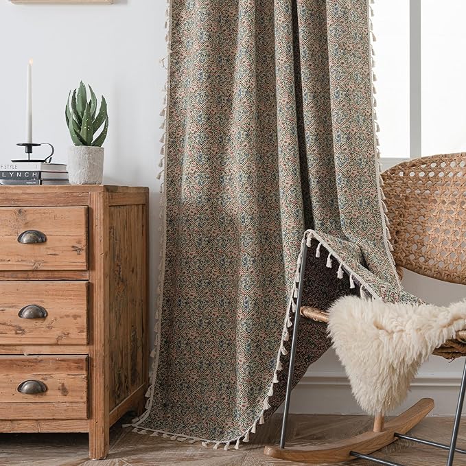 ENJOYBRIDAL Floral Living Room Curtains 84 Inches Boho Drapes Jacquard Semi Sheer Bedroom Patterned Window Curtains Farmhouse Country Rod Pocket Aesthetic Tassel 2 Panels Window Treatments