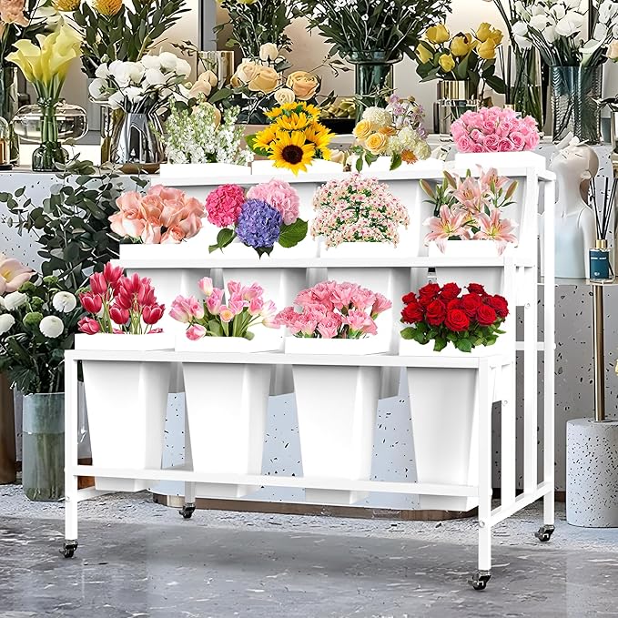 Flower Display Stand with 12 Buckets, Flower Cart 3 Layers White Metal Flower Bar Stand with Wheels, Moving Florist Bouquet Shelf for Weddings Florist Indoor Outdoor Patio Garden Living Room