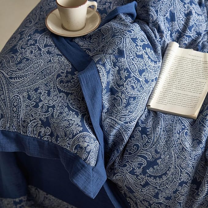 Full Duvet Cover Vintage Blue Floral Duvet Cover Boho Paisley Bedding Set Linen Cotton Yarn-Dyed Textured Duvet Cover with Zipper Closure Reversible Paisley Flower Comforter Cover with 2 Pillowcases