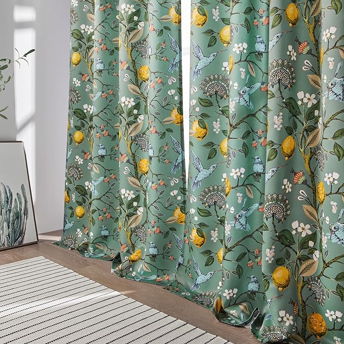Vintage Boho Floral Pinch Pleated Curtains 84 Inches Long for Living Room,Sage Green Lemon Hummingbird Patterned French Country Drapes for Bedroom,Botanical Woodland Jungle Blackout Drapes,2 Panels