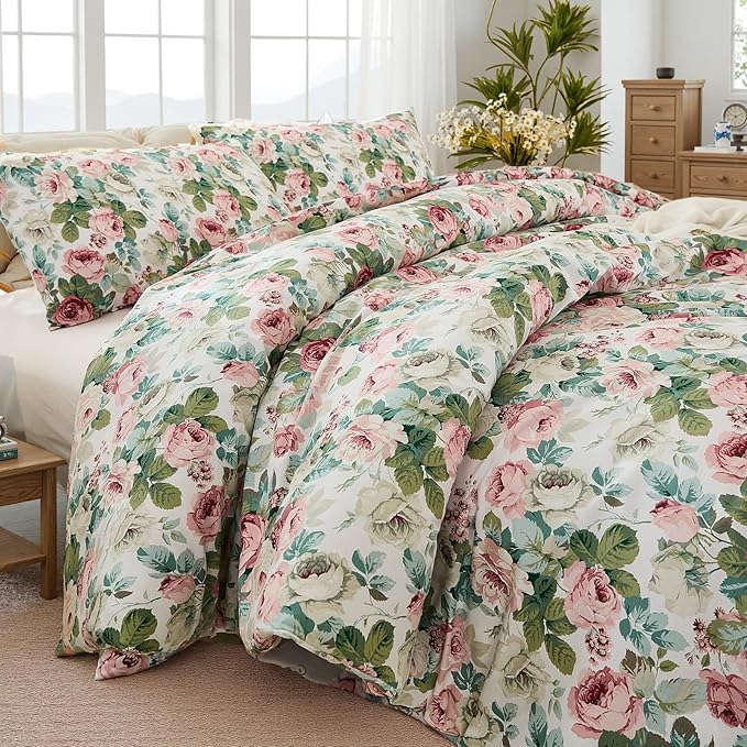 Rose Red Floral King Bedding Romantic Girls Comforter Set Soft Botanical Vintage & Country Home Decor for All Season