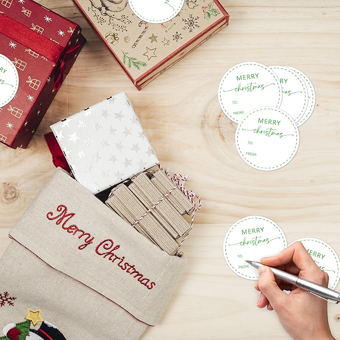 Green Merry Christmas Gifts Tags Stickers, 30 Pcs Christmas Name Tags for Gifts, 2.5x2.5 Inch Holiday Presents Sticker Labels, Festive Chrismas Name Tag for Gift Wrapping Bags Classroom-D27