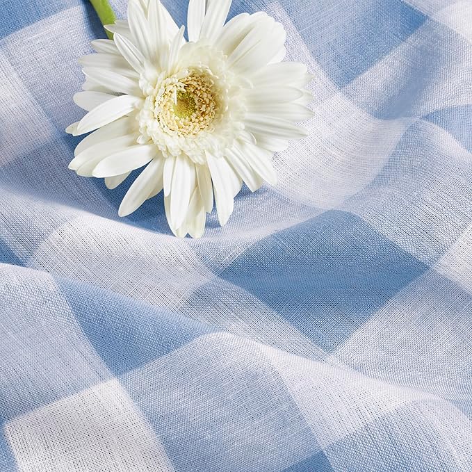 Solino Home Linen Checkered Table Runner 156 Inches Long - 100% Pure Linen Chambray Blue and White Buffalo Check Extra Long Table Runner 14 x 156 Inch Ideal for Dining, Winter, Spring, Easter