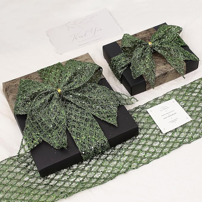 VATIN 4" Moss Green Christmas Ribbon, Green Glitter Mesh Diamond Web Sequin Dots Wired Christmas Ribbon for Gift Wrapping Bow Making Wreath Supply-10 Yards