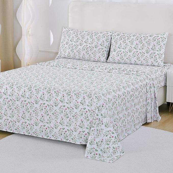 Softan Vintage Floral Full Bed Sheets, Cozy Microfiber Flower Printed Sheets with 15" Deep Pocket Fitted Sheet & Non-Slip Straps, Patterned Botanical Wildflower Sheets & Pillowcase Set