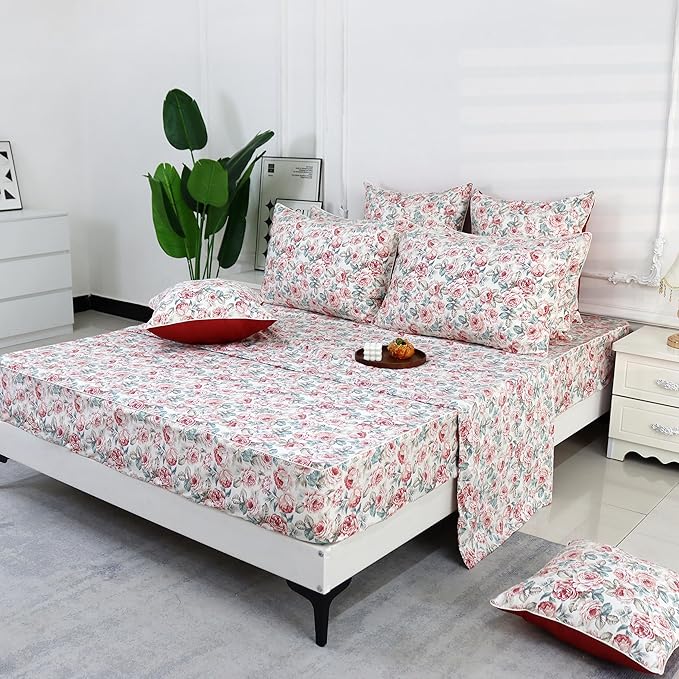 FADFAY Rose Floral Sheets Set Twin XL Vintage Red Floral Bedding Shabby Rose Sheets French Country Farmhouse Bedding 800 Thread Count 100% Egyptian Cotton Deep Pocket Fitted Sheet 4Pcs, Twin XL Size