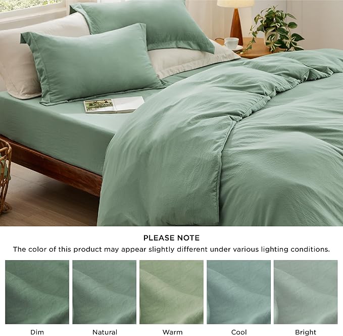 Bedsure Duvet Cover Queen Size with Fitted Sheet - 4 Pieces Prewashed Cotton-Like Extra Soft Bedding Set, Includes 1 Duvet Cover 90x90 Inches, 2 Pillow Shams, 1 Fitted Sheet, Sage Green
