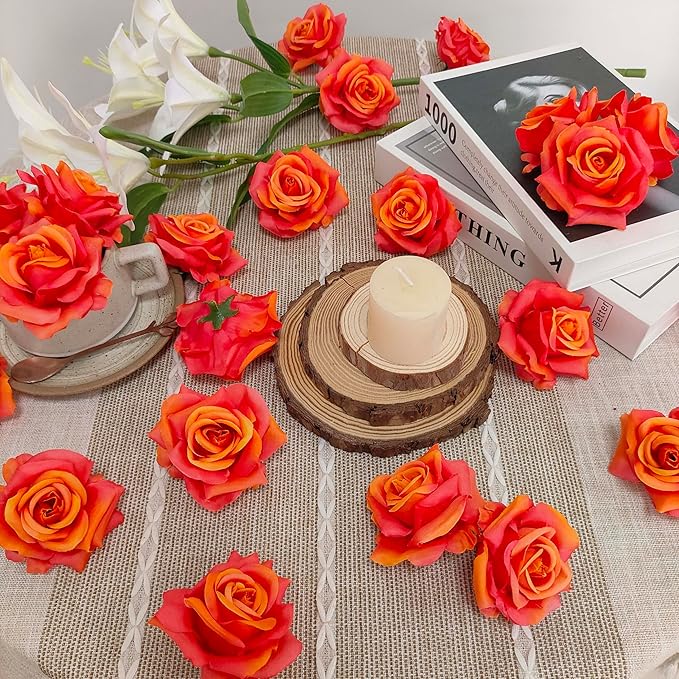Artificial Satin Rose Flower Heads,48 Pcs Silk Rose Heads with Stems,3.3'' Rose Artificial Flowers Bulk,Artificial Rose Flower Heads for DIY Crafts Bouquet (48, Sunset)