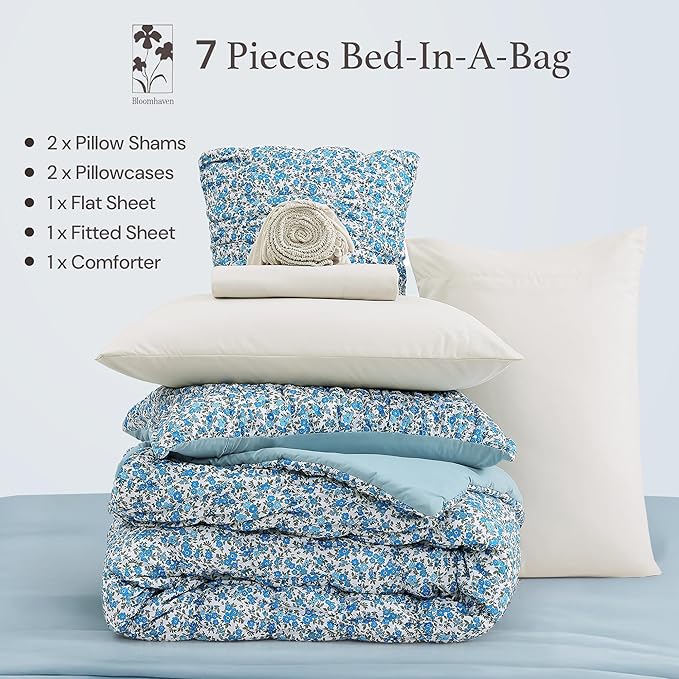 King Comforter Set - 7 Pieces Blue Classic Puff Floral Bedding Sets for All Seasons, Shabby Chic Farmhouse Bed in a Bag King with Wildflowers Fluffy Comforter, Sheets, Pillowcases & Shams
