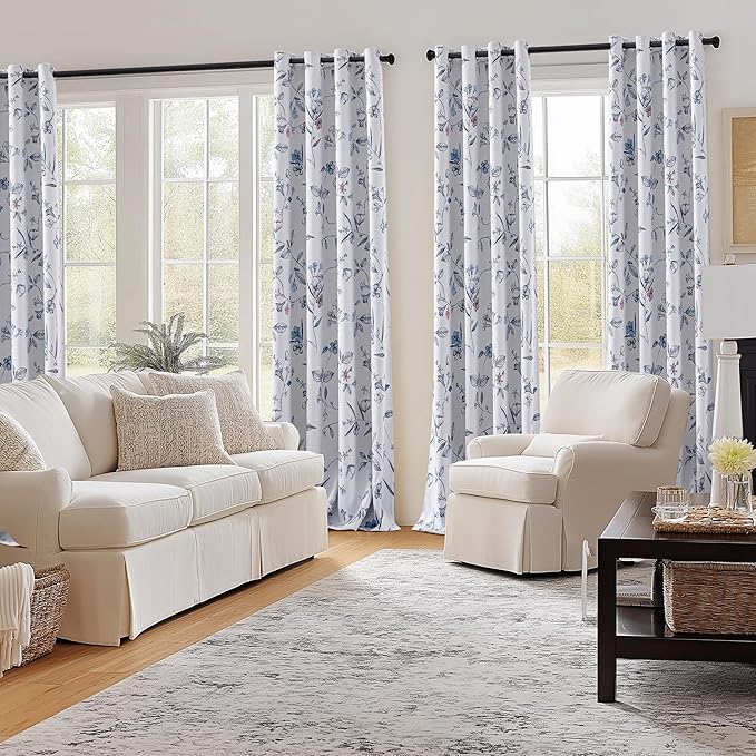 ChrisDowa 100% Blackout Floral Curtains 63 Inches Long 2 Panels for Bedroom Living Room Navy Blue Flower Patterned Room Darkening Thermal Insulated Soundproof Grommet Window Treatments Drapes,52X63