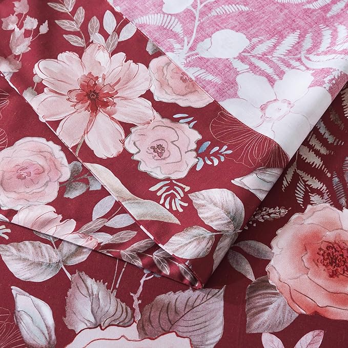 FADFAY Floral Sheets Set Twin Vintage Red Floral Bedding Shabby Pink Rose Elegant Peony Sheets Rustic Farmhouse Bedding 800 Thread Count 100% Egyptian Cotton Deep Pocket Fitted Sheet 4Pcs, Twin Size