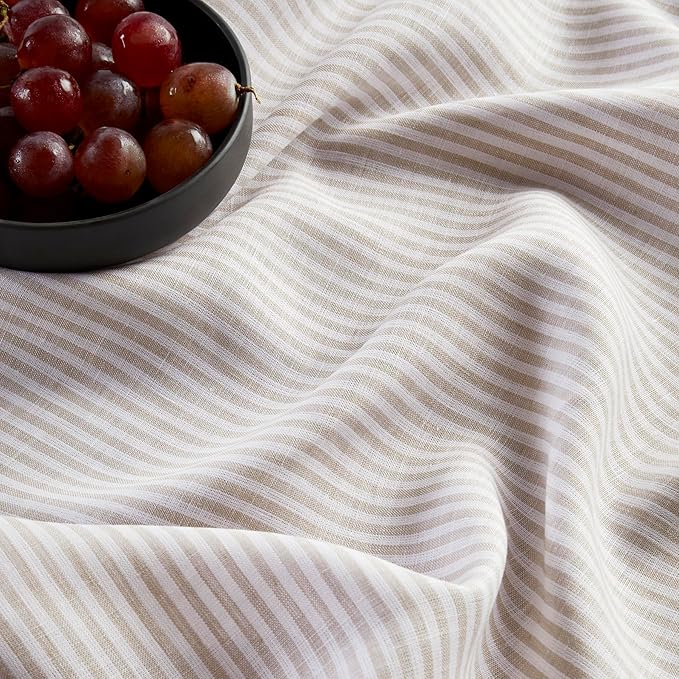 Solino Home Linen Table Runner 60 Inches - Narrow Stripe 100% Pure Linen Natural and White Farmhouse Table Runner 14 x 60 Inch Ideal for Dresser and Coffee Tables - Spring, Easter