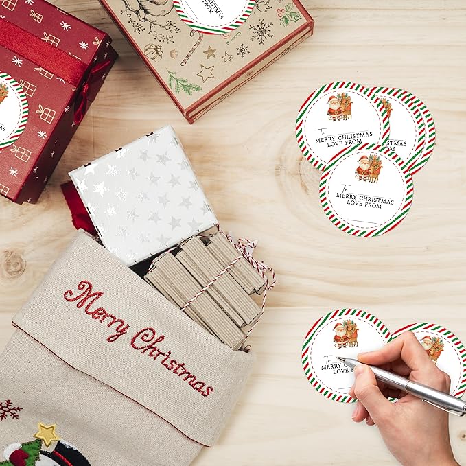 Merry Christmas Gifts Tags Stickers from Santa, 30 Pcs Christmas Name Tags for Gifts, 2.5x2.5 Inch Holiday Presents Sticker Labels, Festive Chrismas Name Tag for Wrapping Bags Classroom-D10