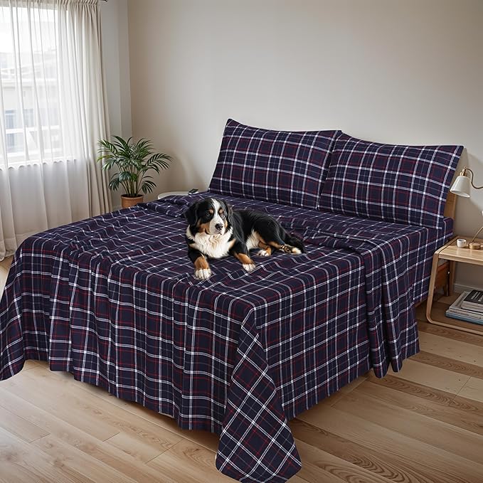 RUVANTI Flannel Sheets Twin Size - 100% Cotton Double Brushed Twin Sheets Set, Deep Pockets 16 Inches, All Seasons Breathable & Extra Soft Bed Sheets, Warm & Cozy, 3 Piece, Yankees Blue